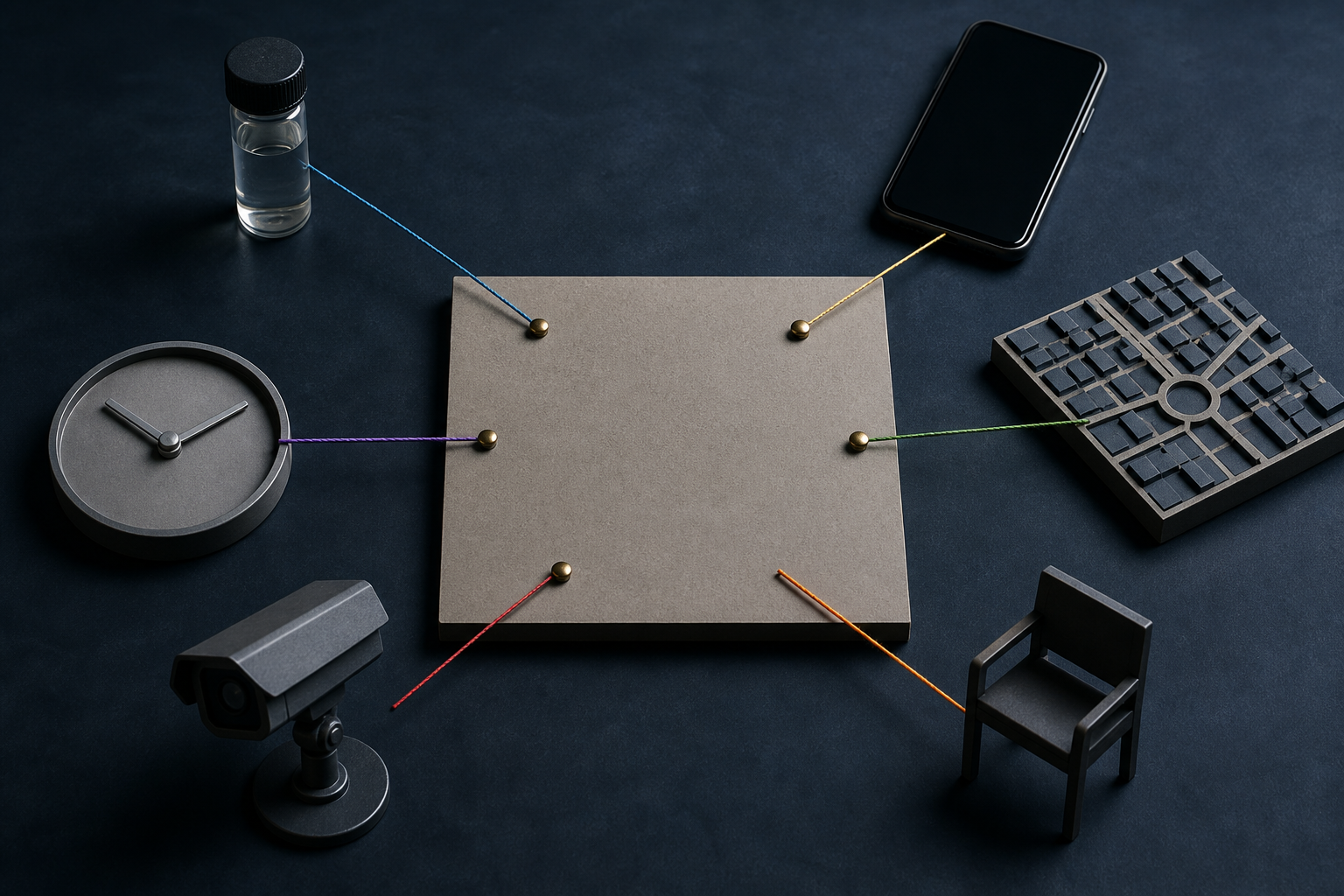 A laboratory vial, phone, street model, clock, camera, and empty chair connect by threads to points on a central evidence board.