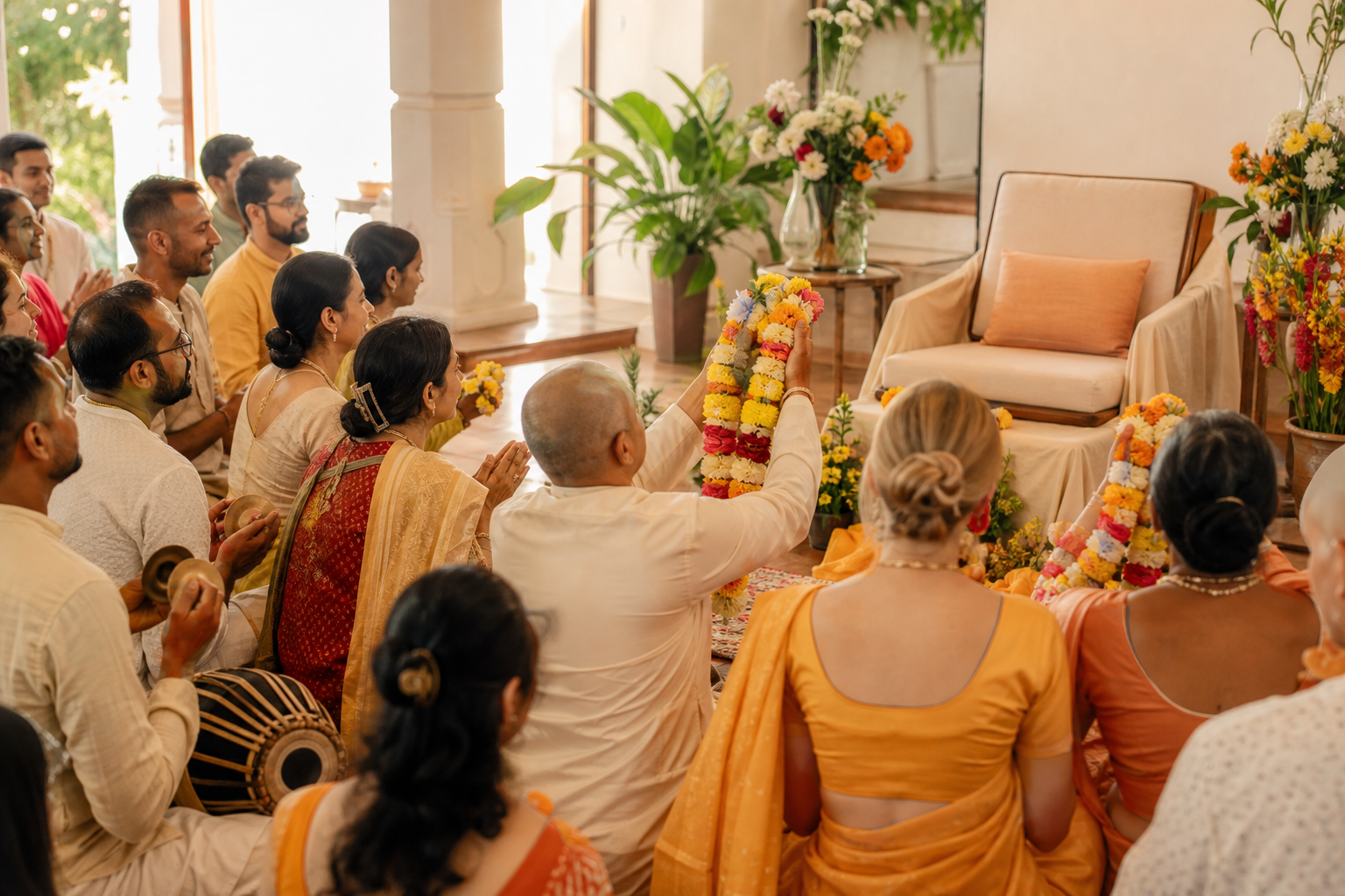 Adult devotees gather in a sunlit temple hall with flower garlands, hand cymbals, a drum, and a cushioned teaching seat.