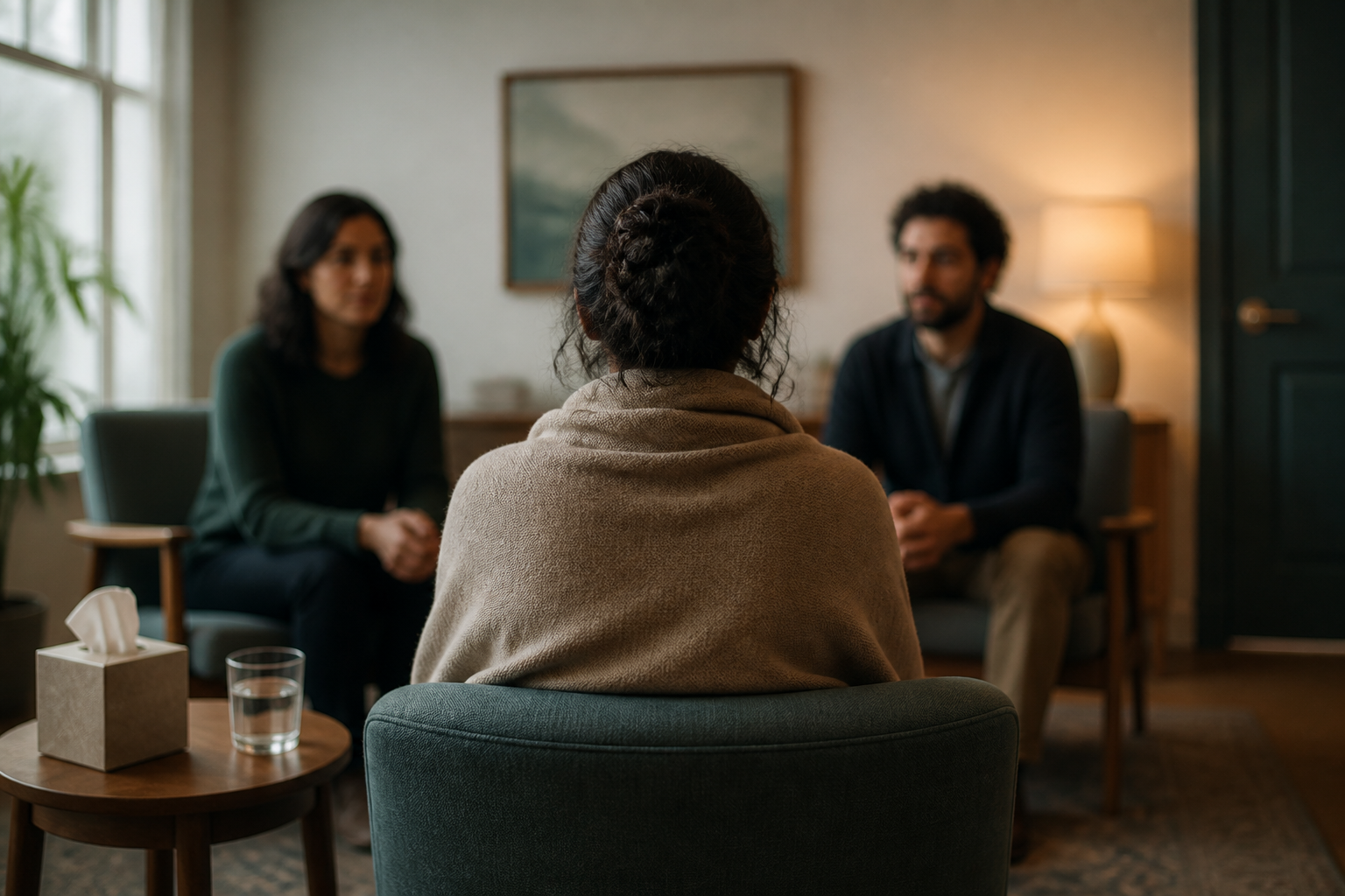 An anonymous woman viewed from behind sits with two support professionals in a quiet private consultation room with a closed door.