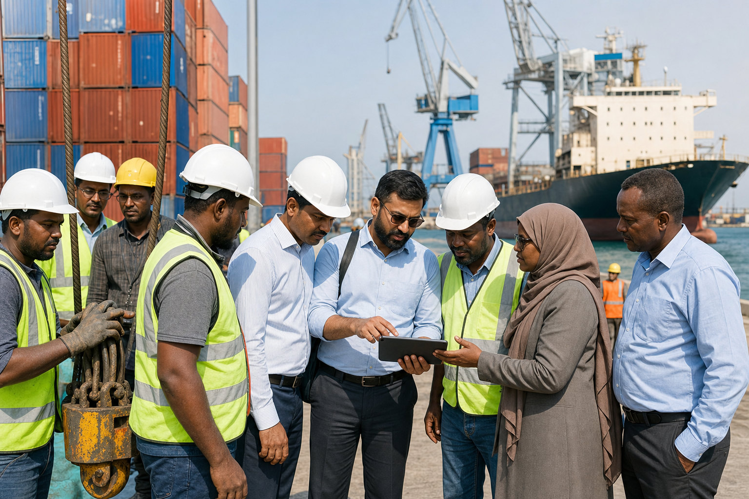 South Asian and Somaliland port professionals inspect cargo-handling facilities together at a commercial quay.