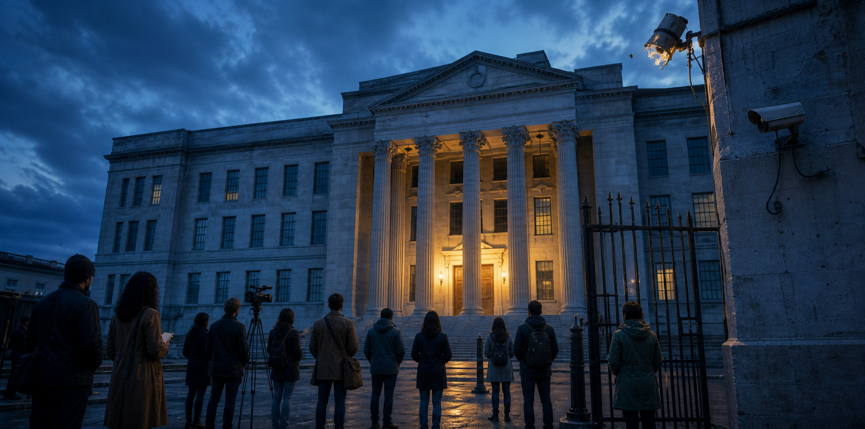 Citizens and journalists face a public building with a broken light, inactive security camera, unattended gate, and illuminated entrance at twilight.