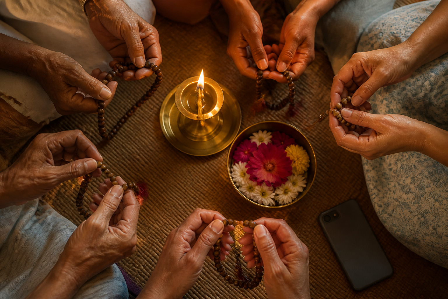 Several people hold wooden prayer beads around a brass oil lamp and flower petals, with a smartphone lying face down nearby.