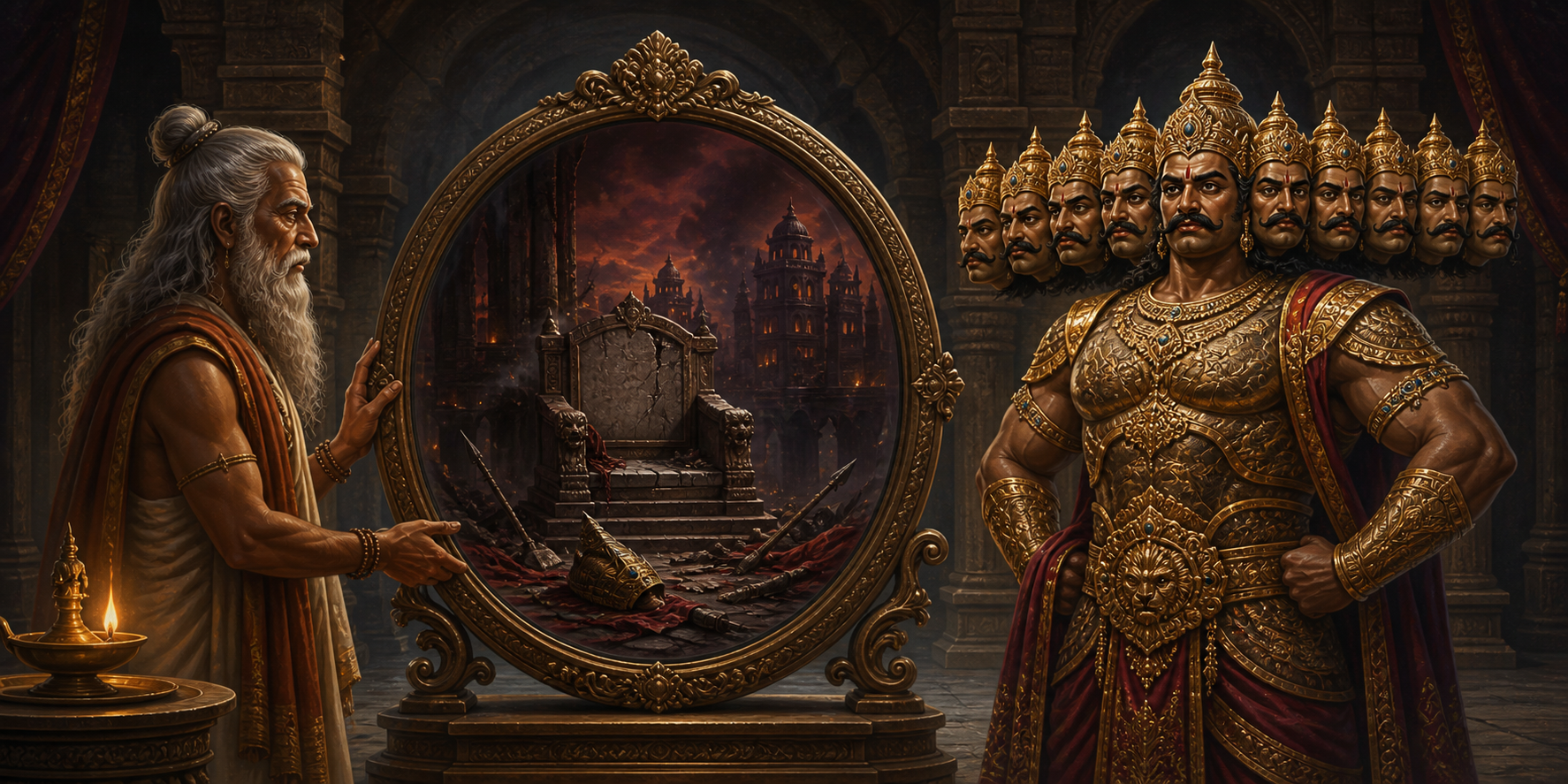 Shukracharya holds a bronze mirror before Ravana, whose reflection includes a cracked throne, a fallen crown, and smoke rising over Lanka.