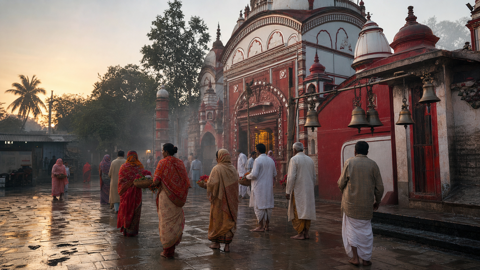 Pilgrims carrying flowers and offering baskets approach the red-and-white Tarapith Temple in a softly lit morning courtyard.
