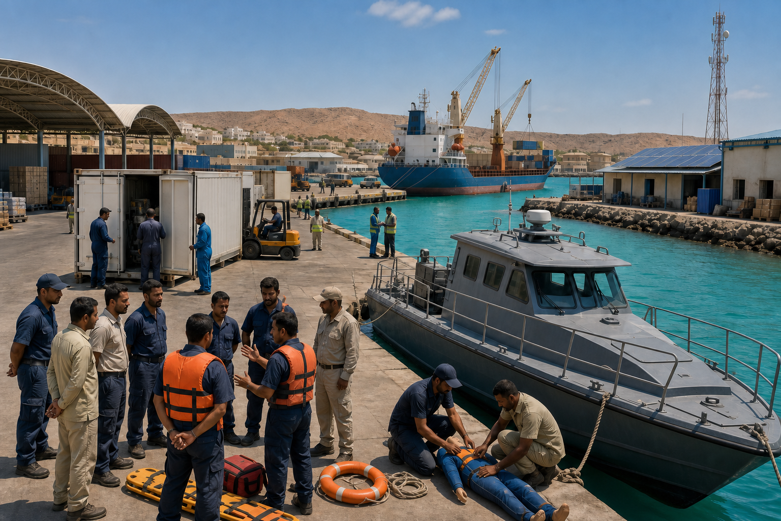 Maritime crews, technicians, warehouses, cranes, and cargo ships operate together at a Somaliland coastal logistics hub.