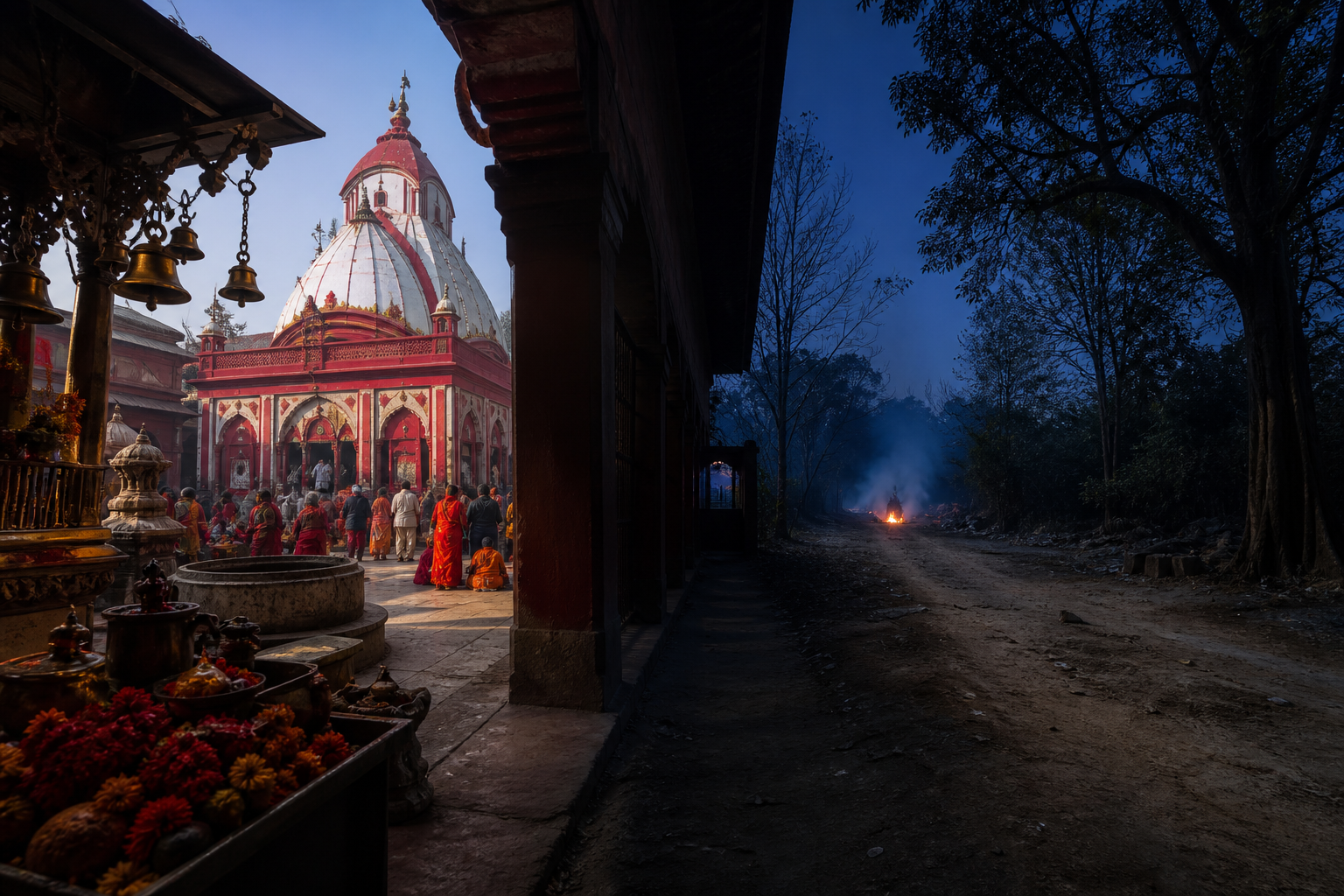 A paired scene contrasts Tarapith's busy temple courtyard with a quiet, tree-lined cremation ground containing a distant ritual fire.