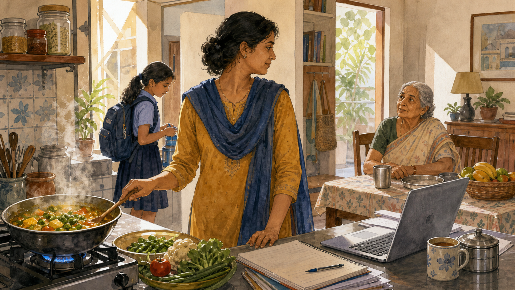 An attentive adult stands in a busy South Asian home with a child, an older relative, cooking food, and work materials around them.