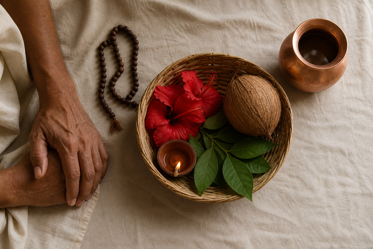 A pilgrim's hands rest beside a simple basket of hibiscus flowers, coconut, leaves, an oil lamp, prayer beads, and a copper vessel.
