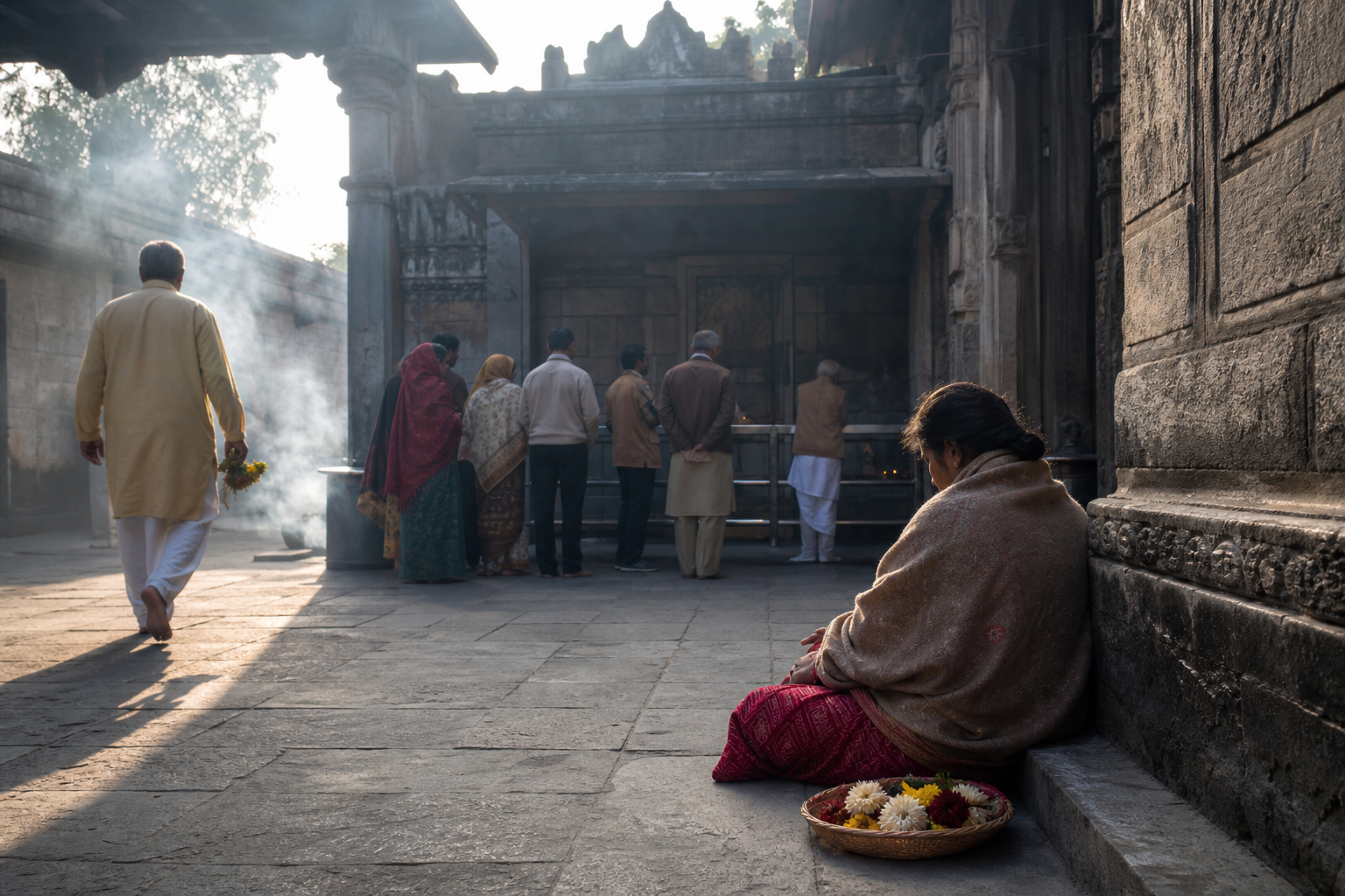 Devotees wait with flower offerings while a pilgrim sits quietly in reflection at the edge of the temple courtyard.