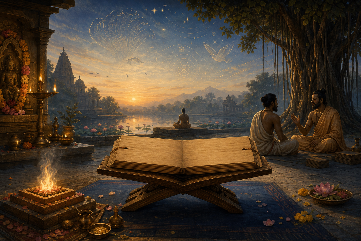 A palm-leaf manuscript surrounded by a fire altar, temple lamps, discussing scholars, a meditating figure, and subtle cosmic forms in a courtyard at dawn.