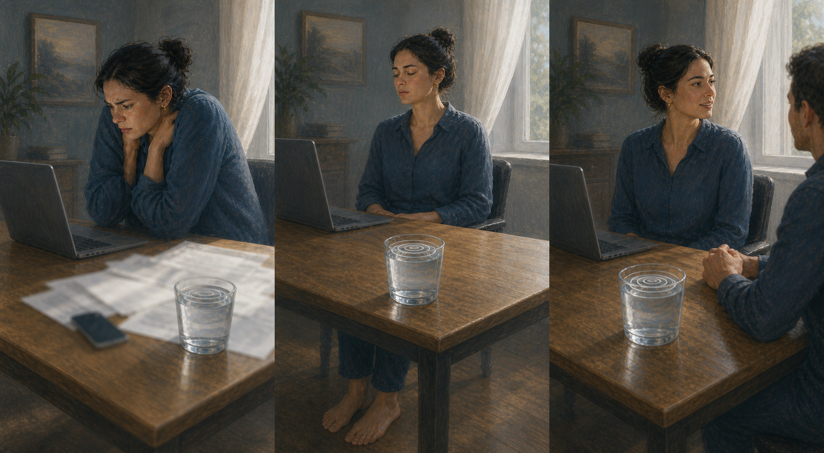 Three side-by-side moments show a distracted person at a desk settling their feet, breathing calmly, and returning attention to the task and a nearby person.