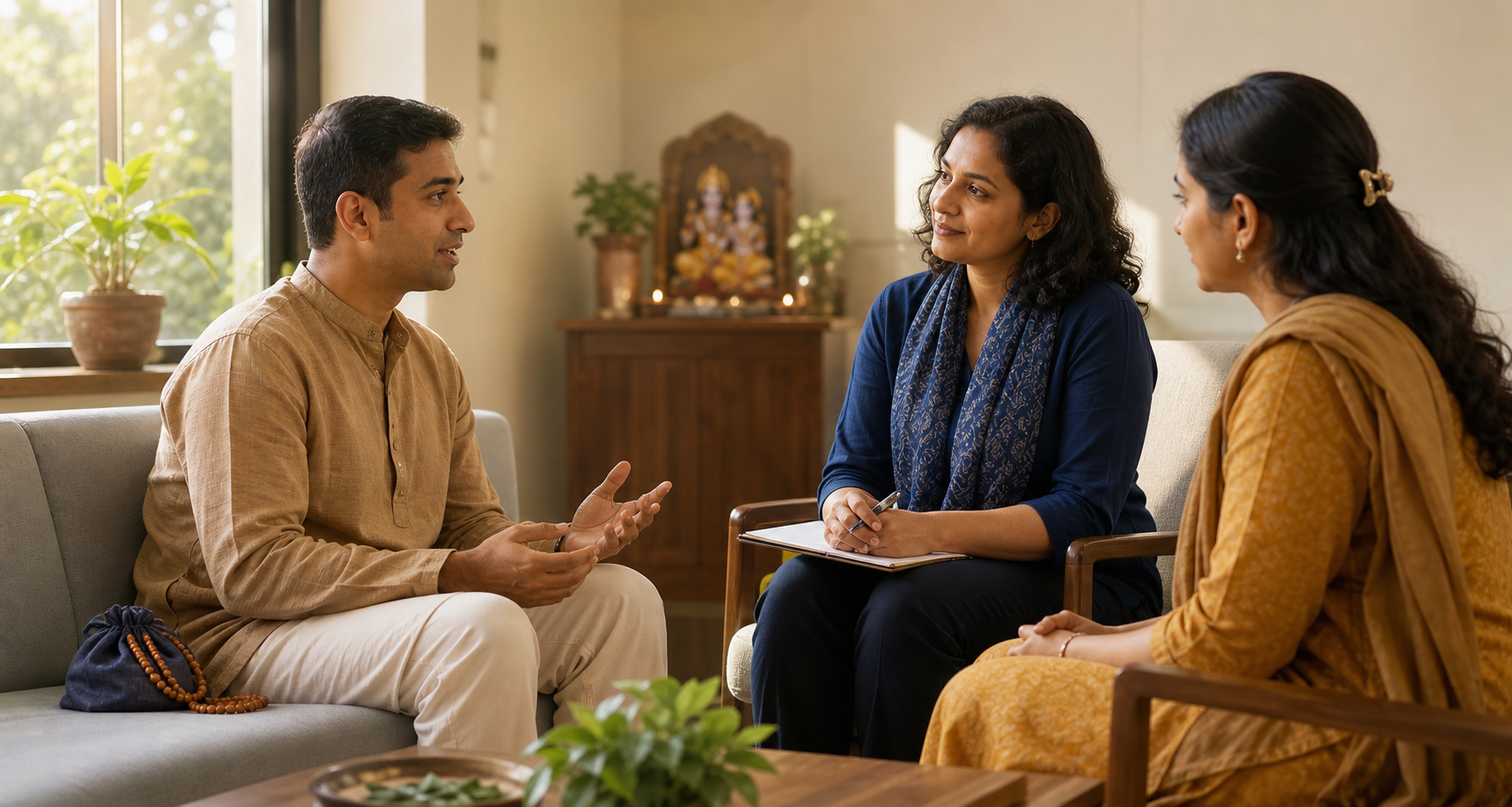 A Krishna devotee speaks with a mental health clinician while a trusted devotee companion listens in a quiet, sunlit consultation room.