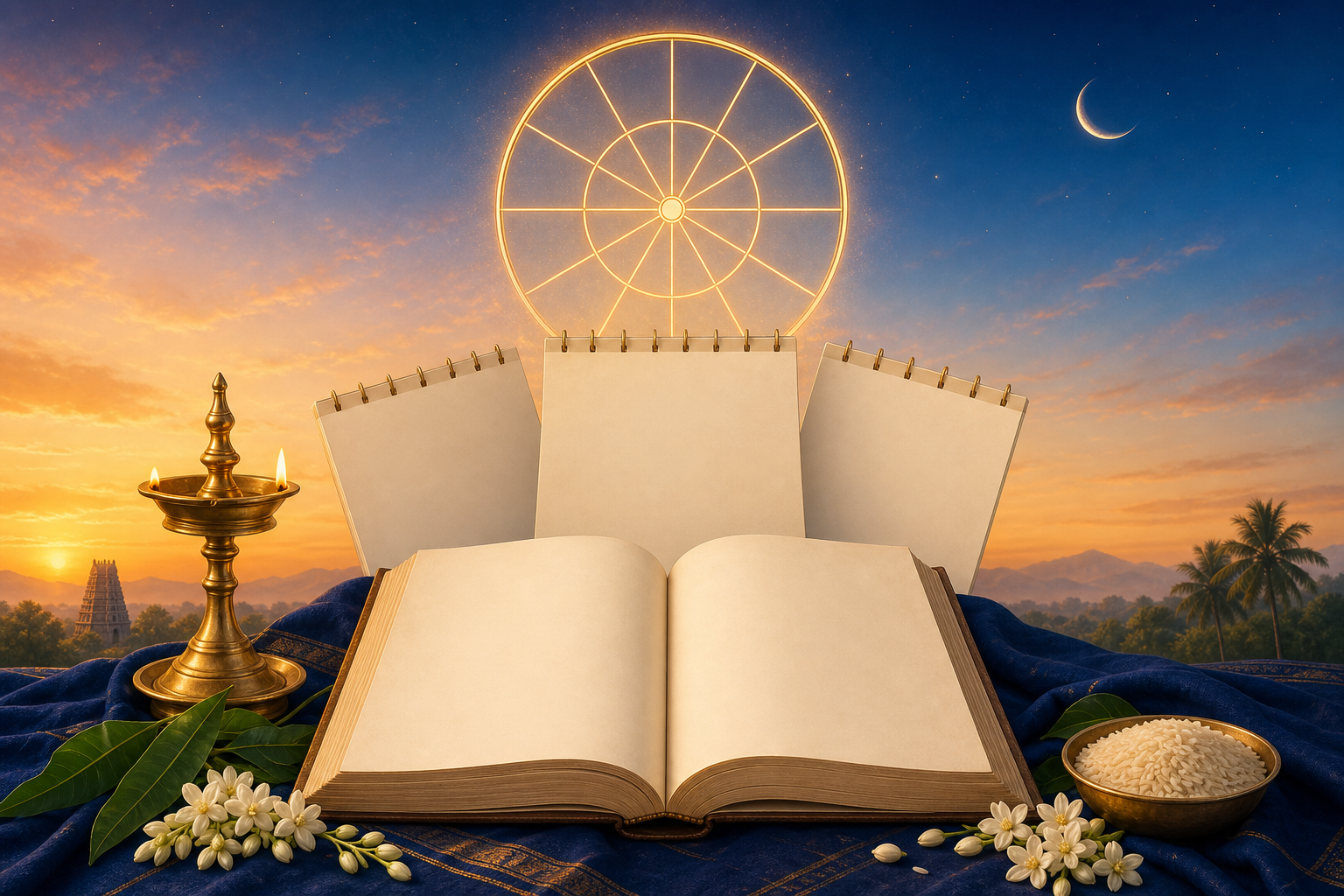 An open blank almanac, brass oil lamp, mango leaves and flowers beneath an unlabeled celestial wheel at dawn.