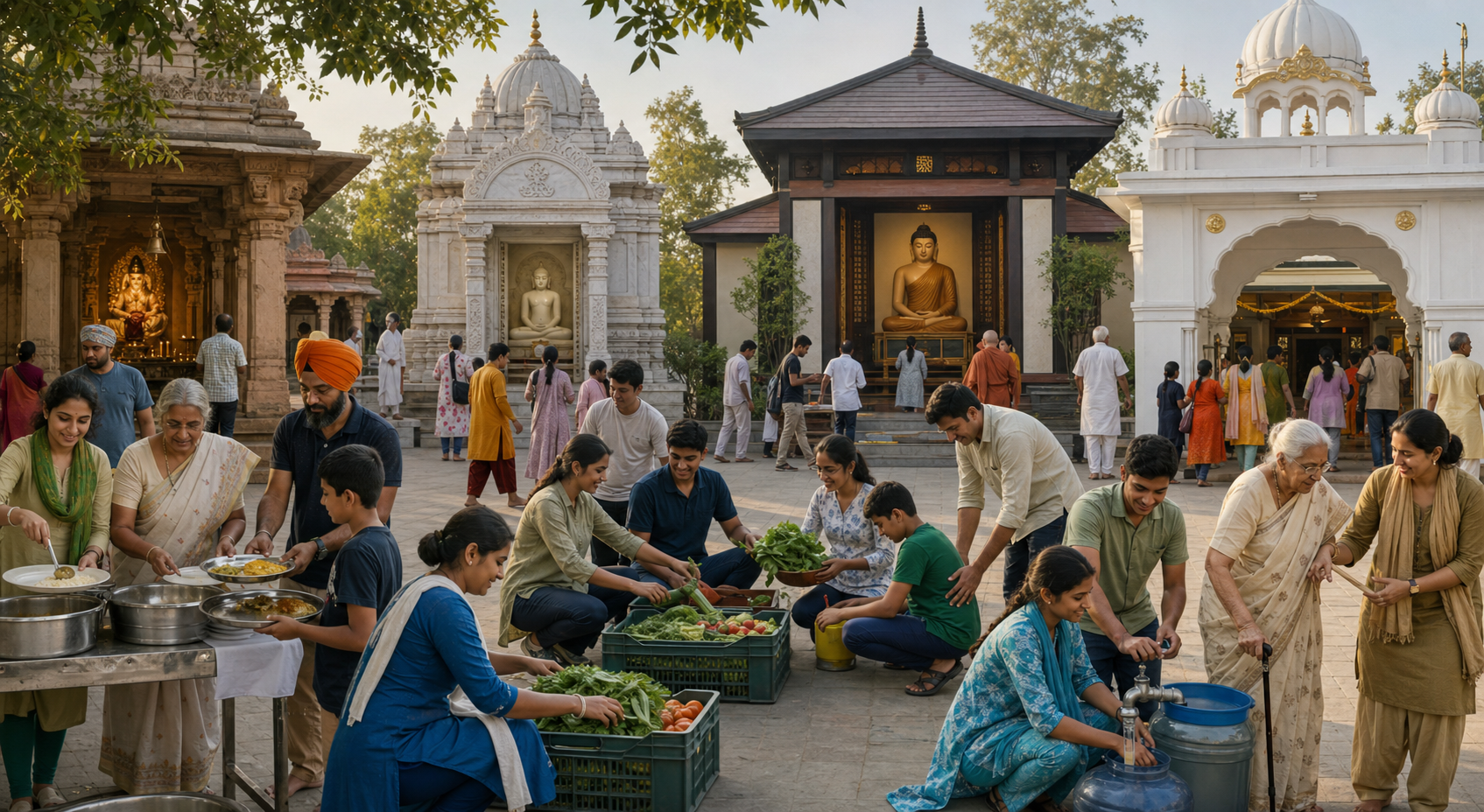 People from several distinct Dharmic sacred spaces serve food, organize produce, fill water containers, and assist an older visitor in a shared courtyard.