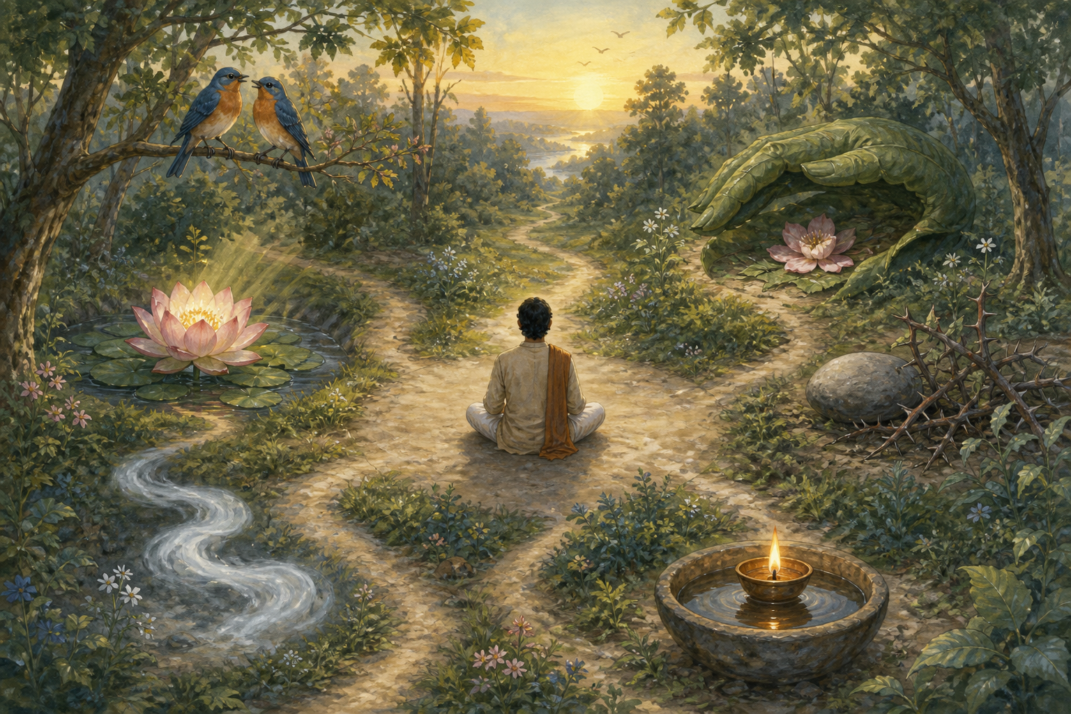 A meditator sits in a circular garden surrounded by seven natural motifs, including birds, a lotus, a stone, mist, a lamp, and a bright horizon.