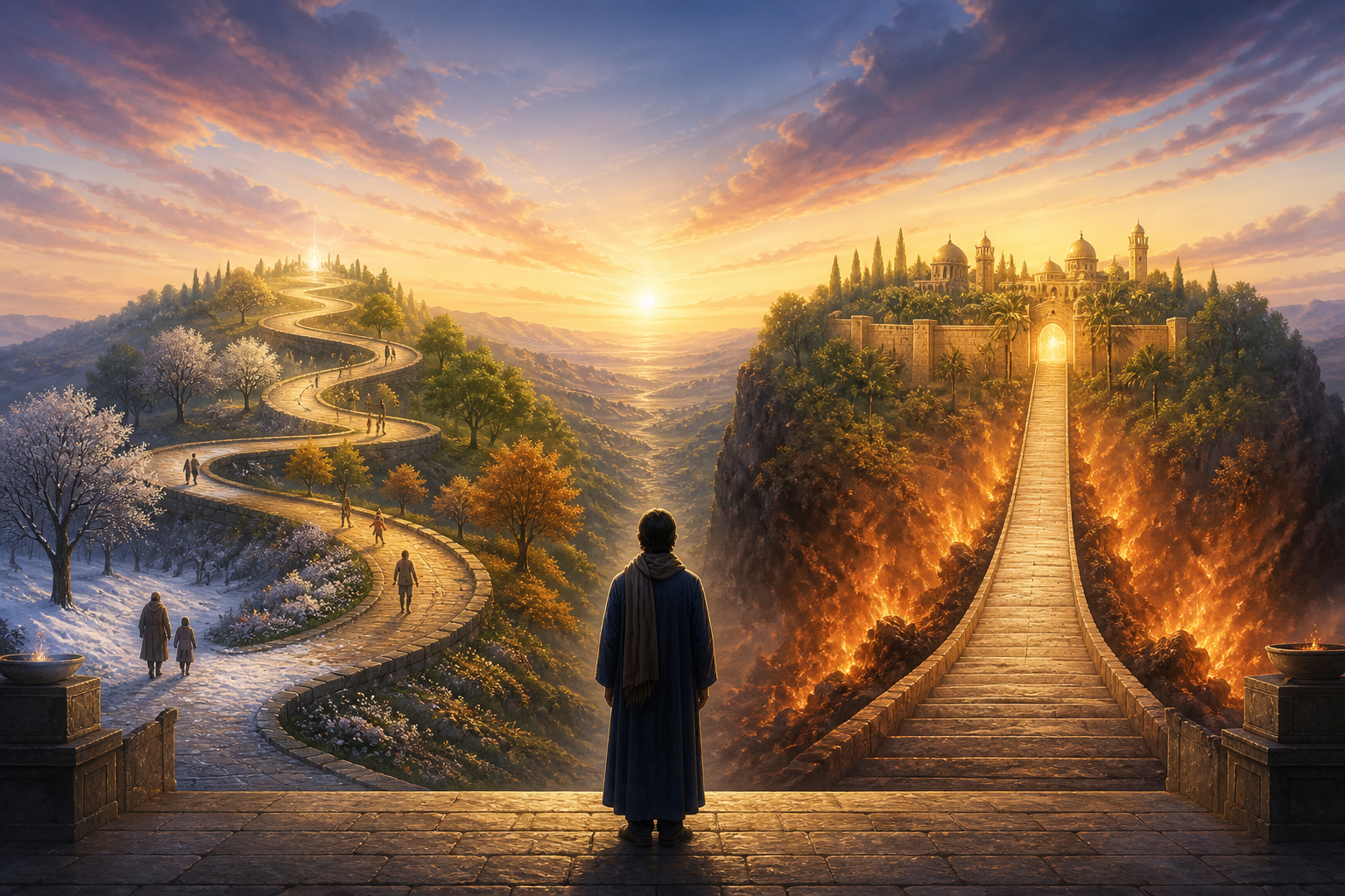 A person stands at a stone threshold facing two paths, one circular through changing seasons and one ascending through warm light toward a garden.