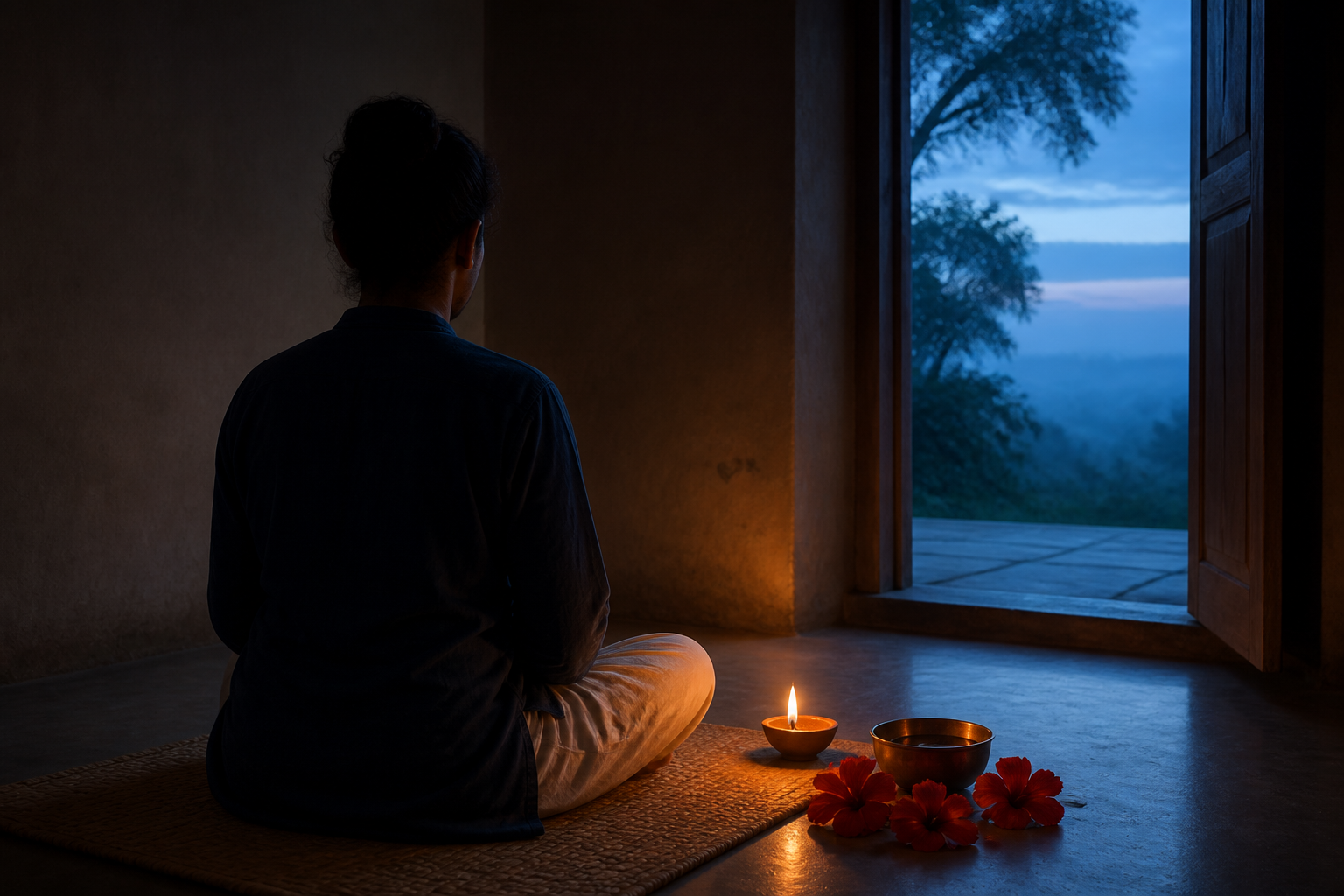 A solitary practitioner sits on a plain mat before an oil lamp, water bowl, and red hibiscus flowers as dawn light enters the prayer space.