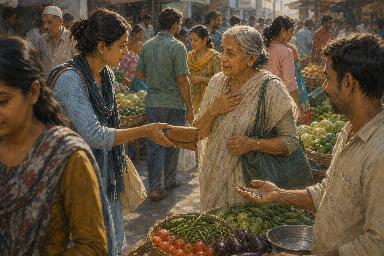 A shopper returns a dropped purse to an older customer while a produce vendor holds out the correct change in a busy market.