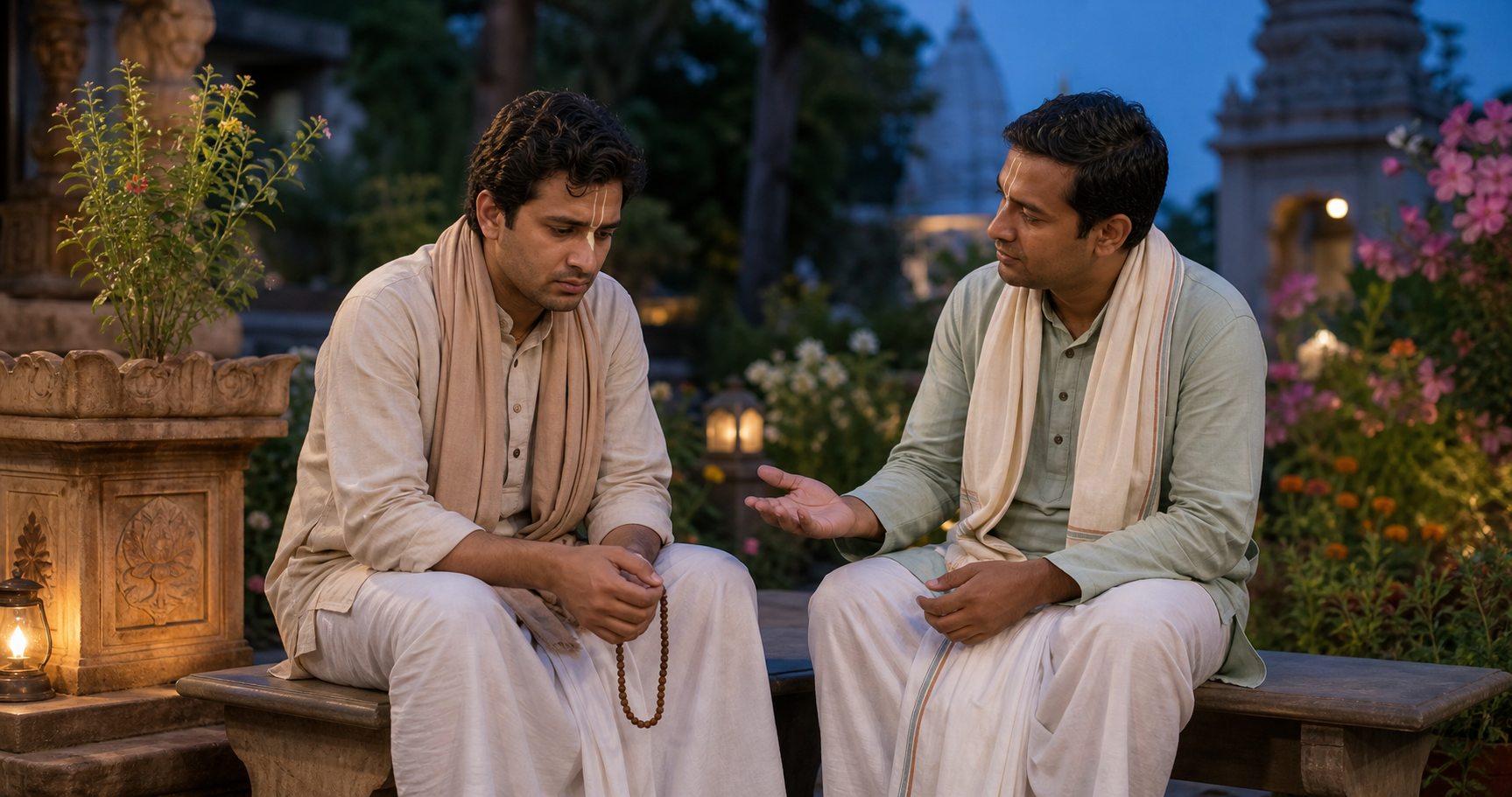 One Krishna devotee listens compassionately to another who appears distressed while they sit together in a temple garden at dusk.