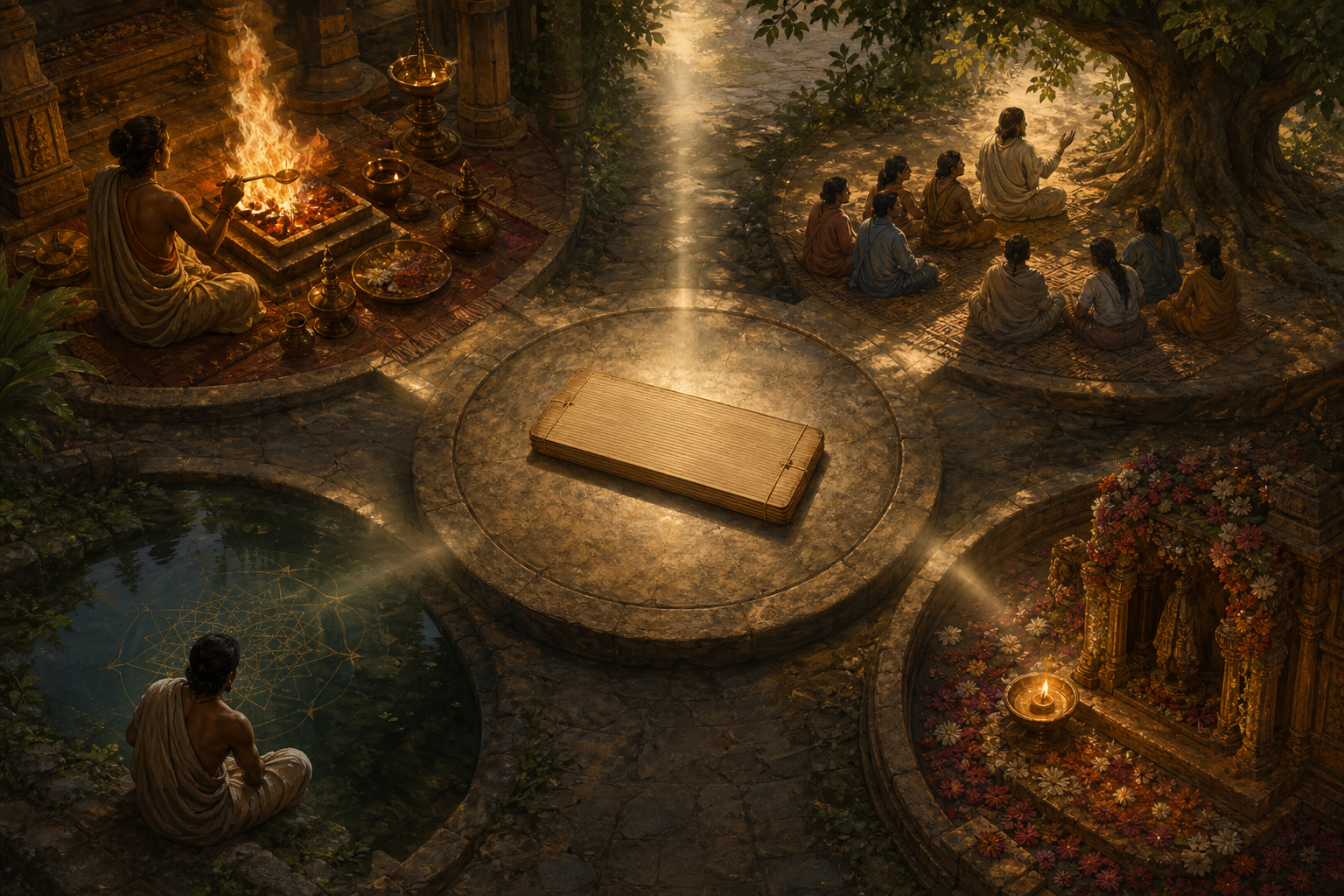 An unmarked palm-leaf folio sits between four distinct scenes of ritual, storytelling, philosophical reflection, and devotion.