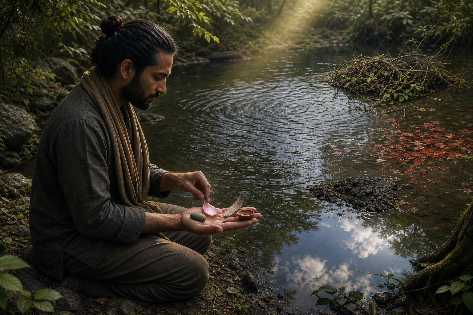 A kneeling meditator studies ripples and tangled plants beside a pond while selecting one natural object from several held in an open palm.