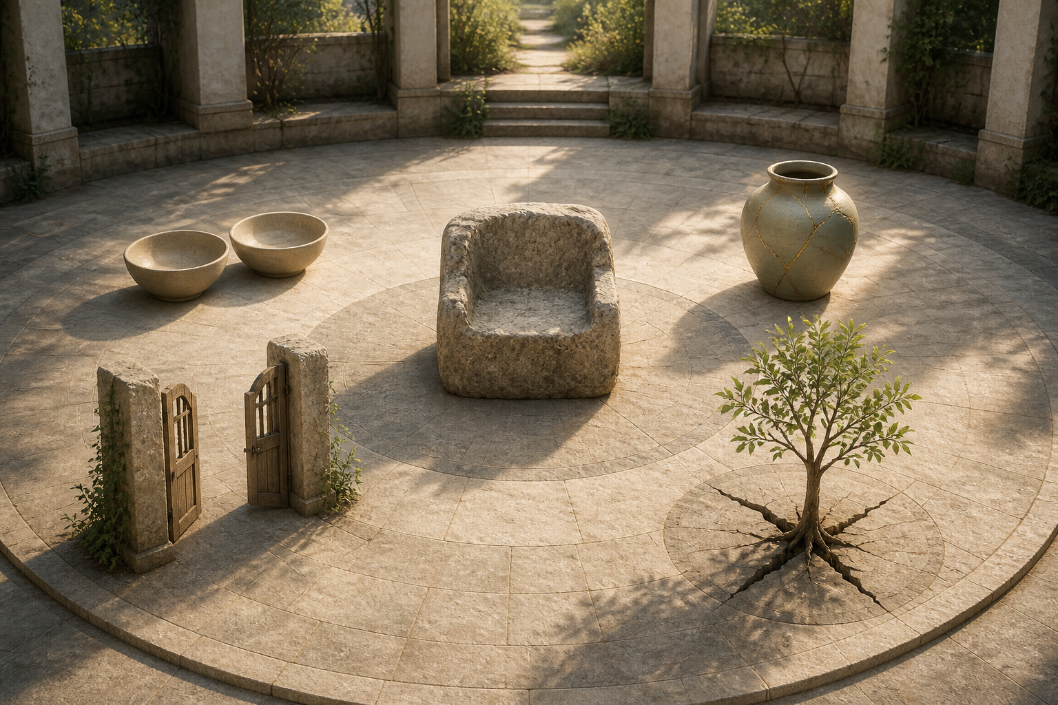 A courtyard contains balanced bowls, a repaired ceramic vessel, an open gate, and a young tree growing through split stone.