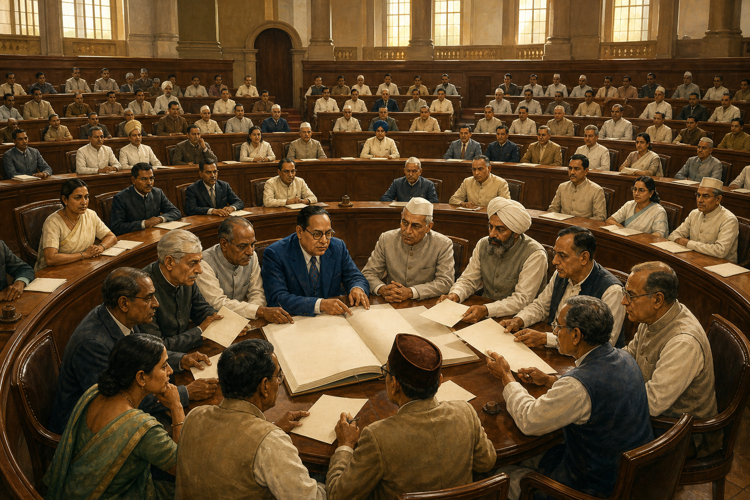 Members of India's Constituent Assembly deliberate in a large chamber while B. R. Ambedkar and other committee members work together around an open manuscript.