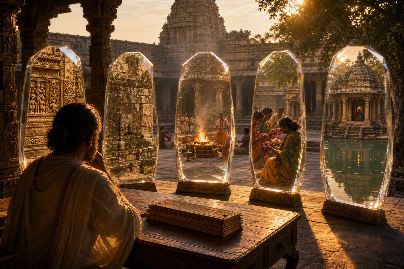 A reader views one temple courtyard through separate crystal panes that reveal linguistic, historical, ritual, devotional, and contemplative details.