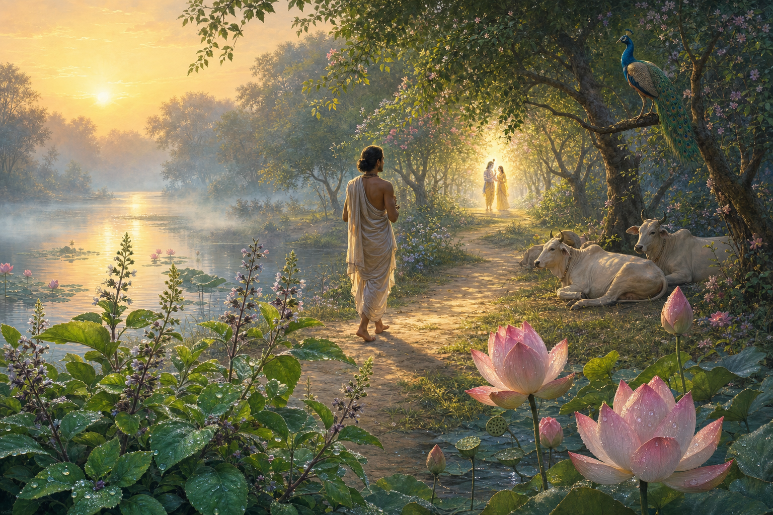 A devotee pauses on a riverside path in Vrindavan among tulasi plants, cows, flowering trees, a peacock, and lotus-covered water at sunrise.