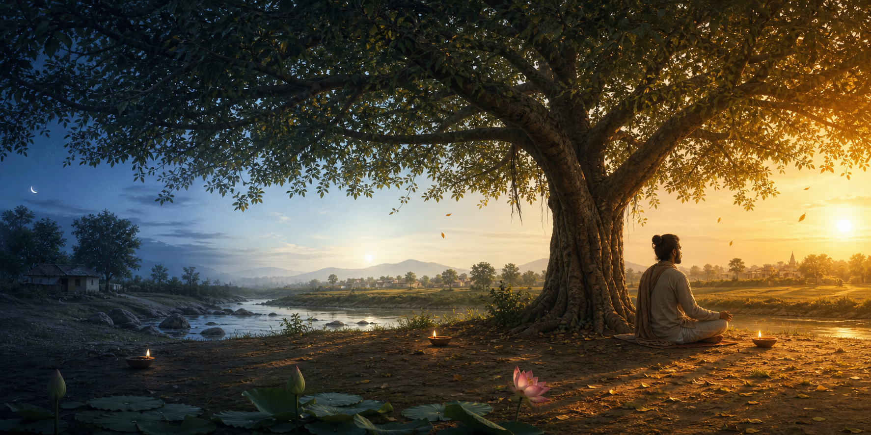 A meditator remains beneath the same tree from predawn to late afternoon as a clay lamp flame becomes steady and nearby leaves settle.