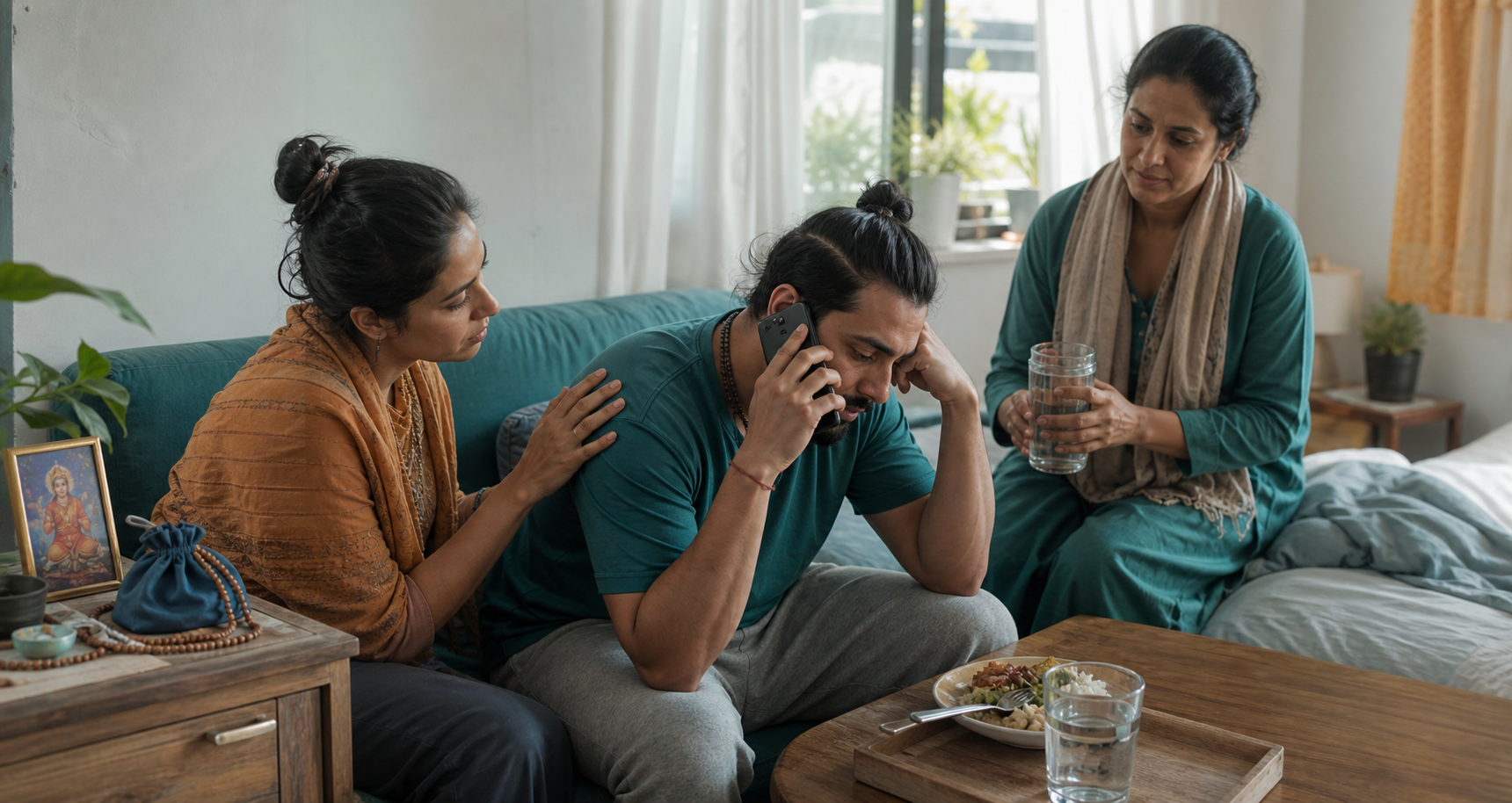 A trusted community member helps an exhausted devotee contact mental health care at home while another person offers water.