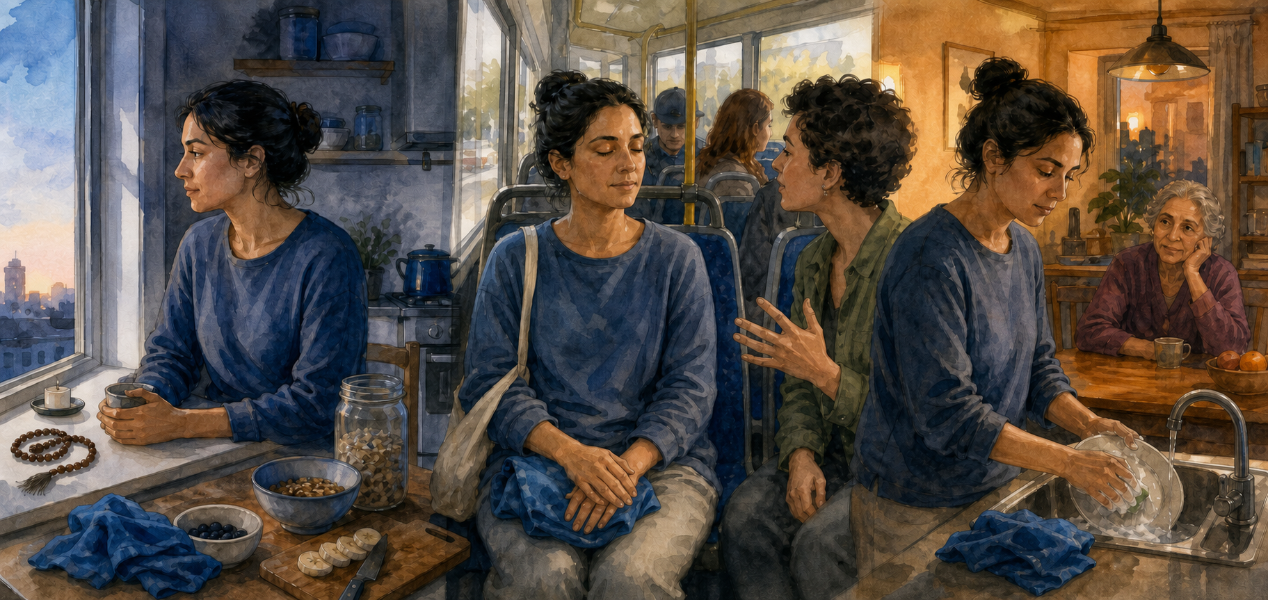 Three connected scenes show the same person pausing at dawn, breathing on public transit at midday, and listening to an older relative while washing dishes in the evening.