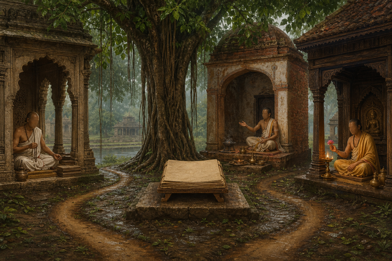 Three anonymous premodern commentators approach the same manuscript from separate alcoves using philosophical, ritual, and devotional symbols.