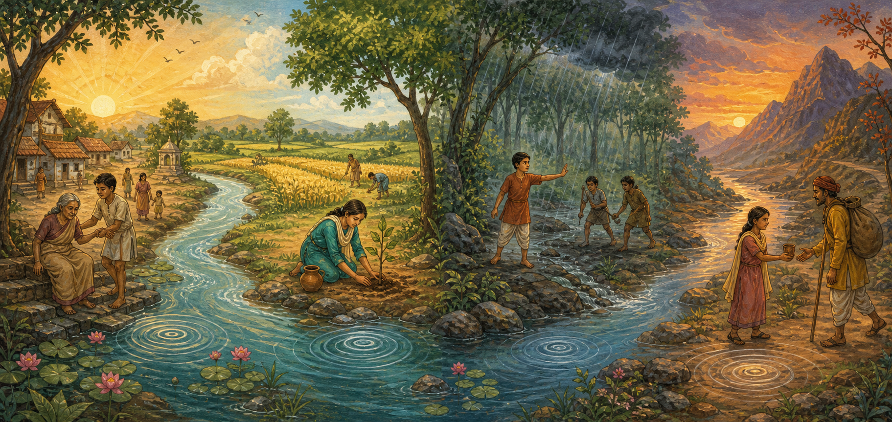A winding river passes through several seasons as people of different ages care for others, plant a tree, avoid harm, and offer water.