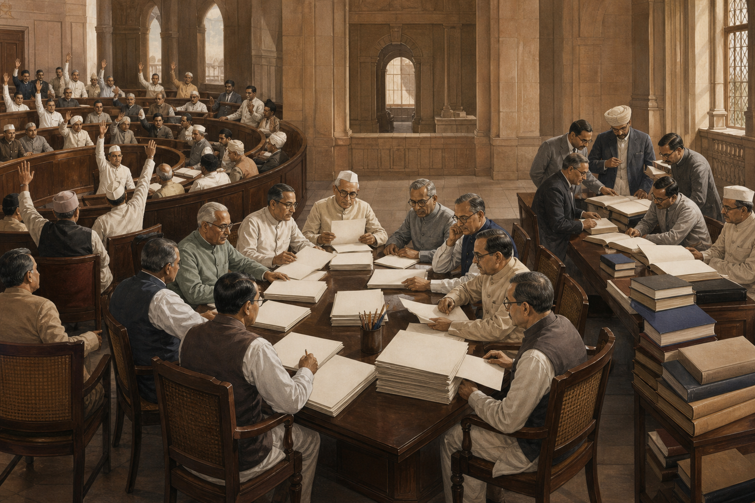 An assembly debates at left, a drafting committee refines papers at center, and legal advisers consult books at right in a connected historical scene.