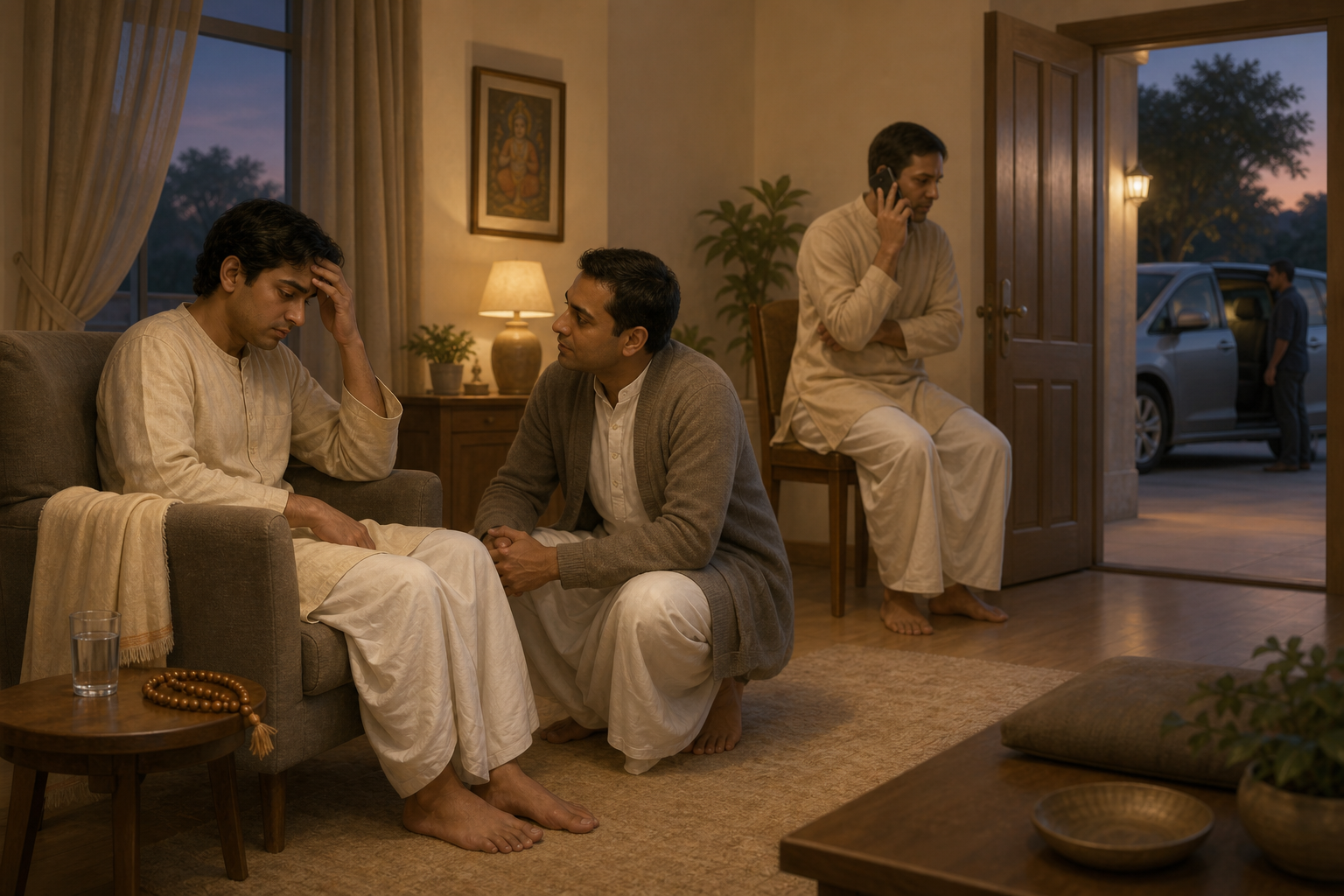 Companions support a distressed devotee by listening, contacting professional help, and arranging safe transportation.