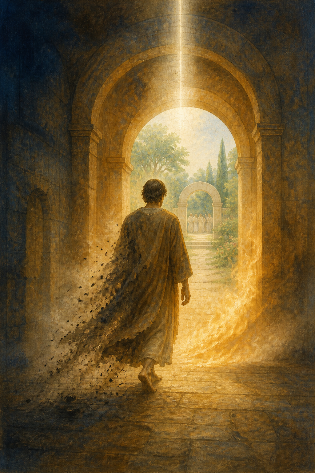 A traveler walks through gentle amber fire and mist in a stone passage toward a bright garden with distant people.