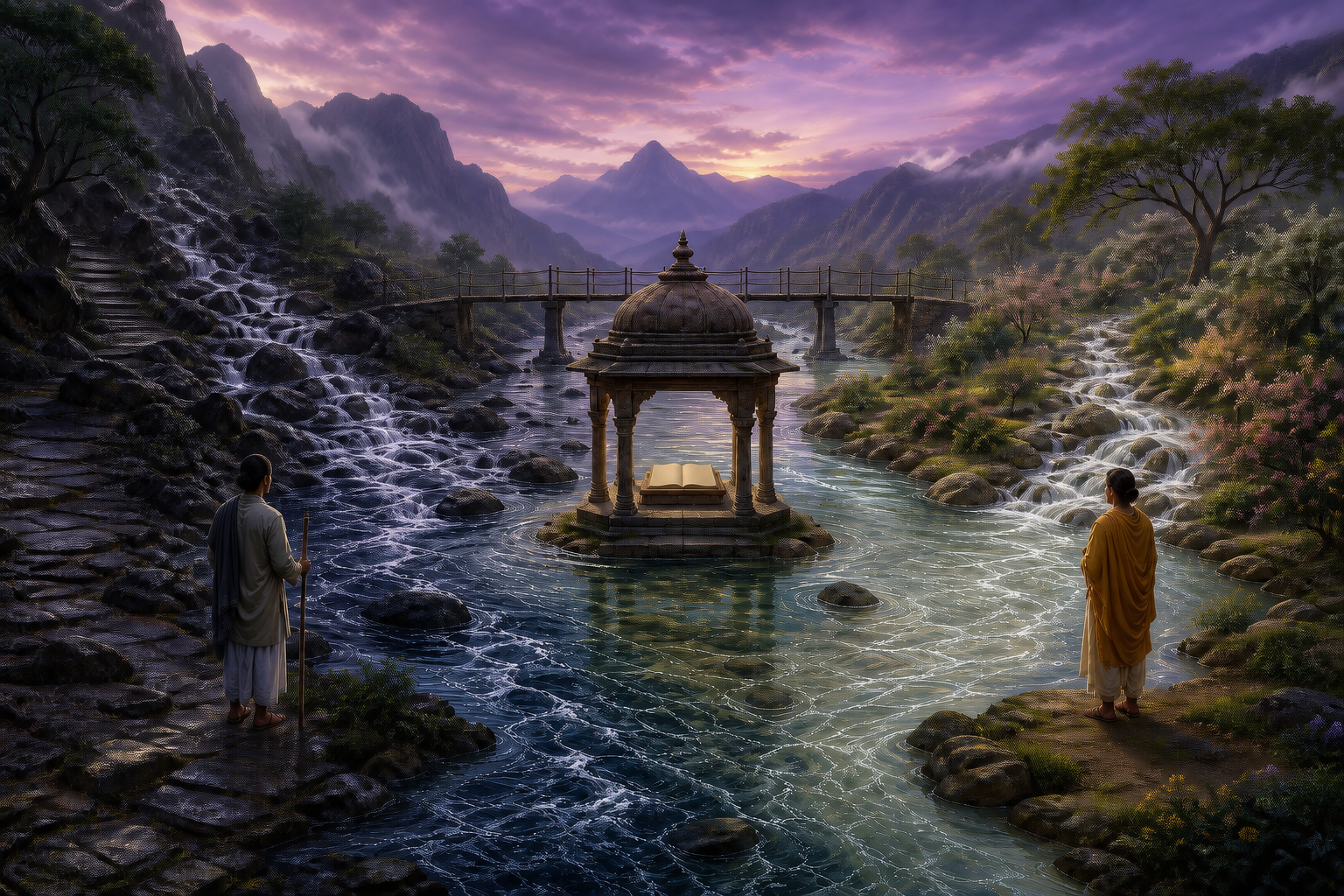 Two contrasting mountain streams meet near a manuscript pavilion and continue as distinct currents within one river while travelers observe from opposite banks.