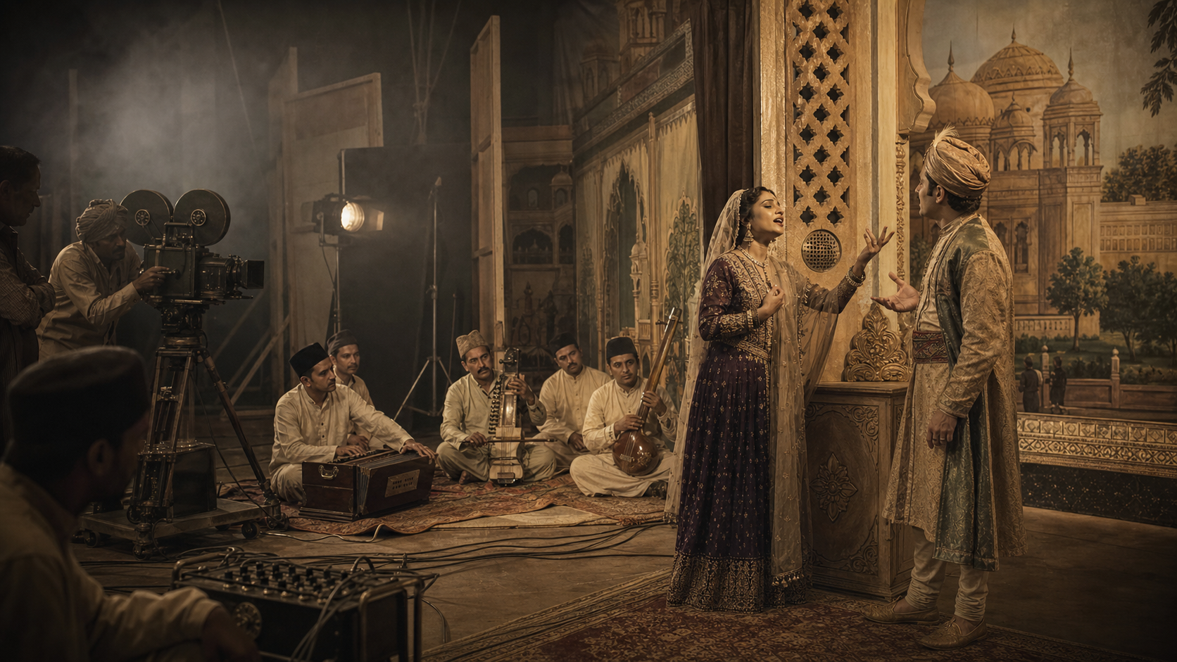 An early sound-film studio with actors performing beside a concealed microphone, musicians playing Indian instruments, and technicians operating a motion-picture camera.