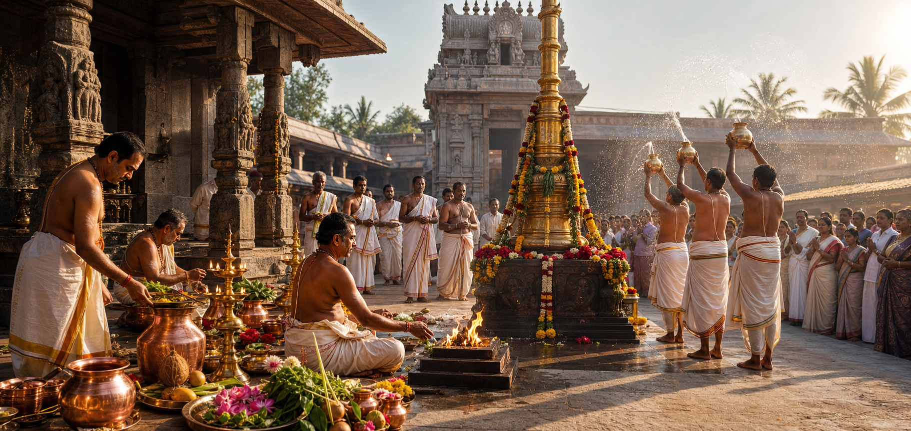 Priests prepare ritual vessels, tend a sacred fire, and sprinkle sanctified water near a decorated temple flagstaff as devotees watch.