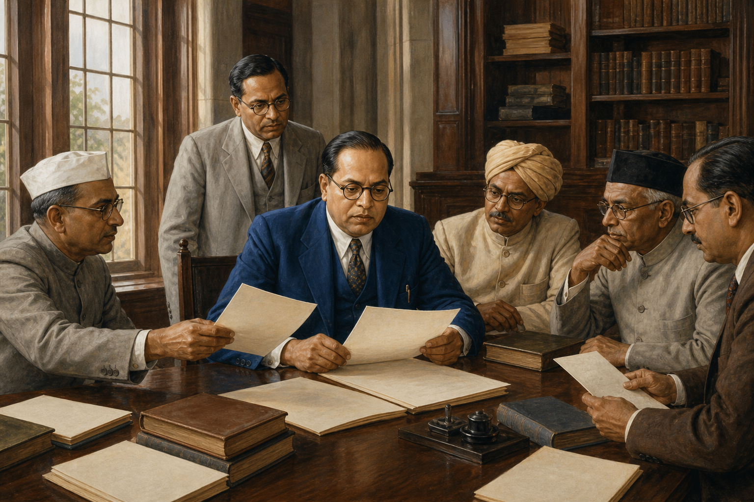 B. R. Ambedkar reviews a draft at the head of a wooden table while other Drafting Committee members collaborate around him.