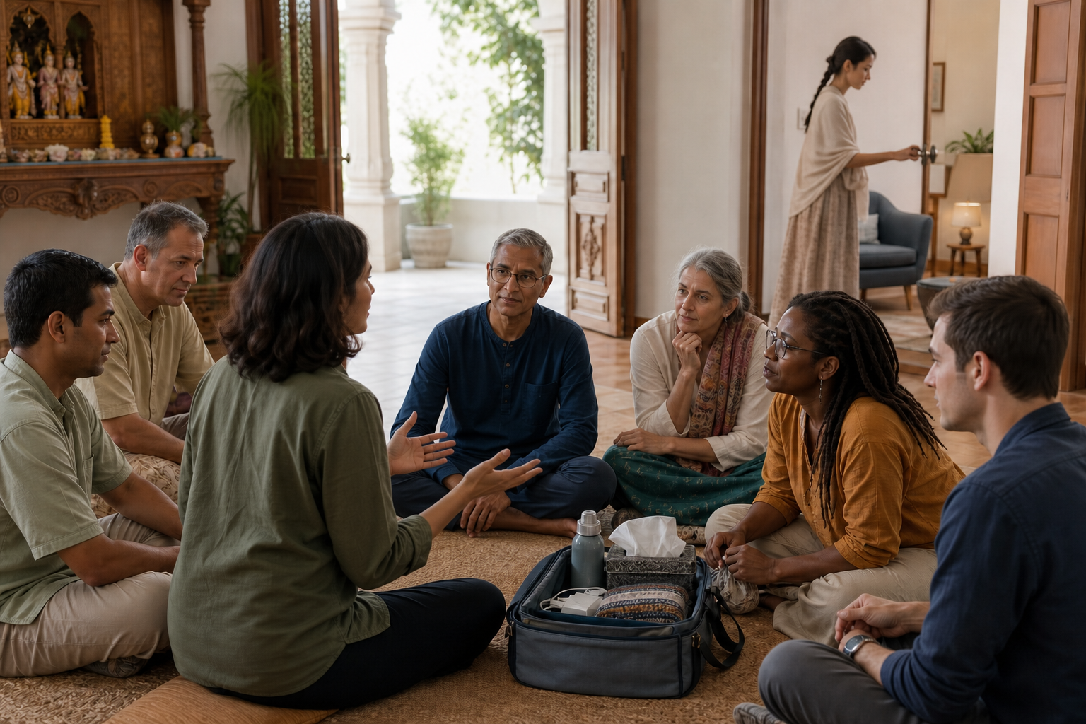 Devotees meet with a mental health professional to practice supportive listening and prepare practical crisis resources in a community room.