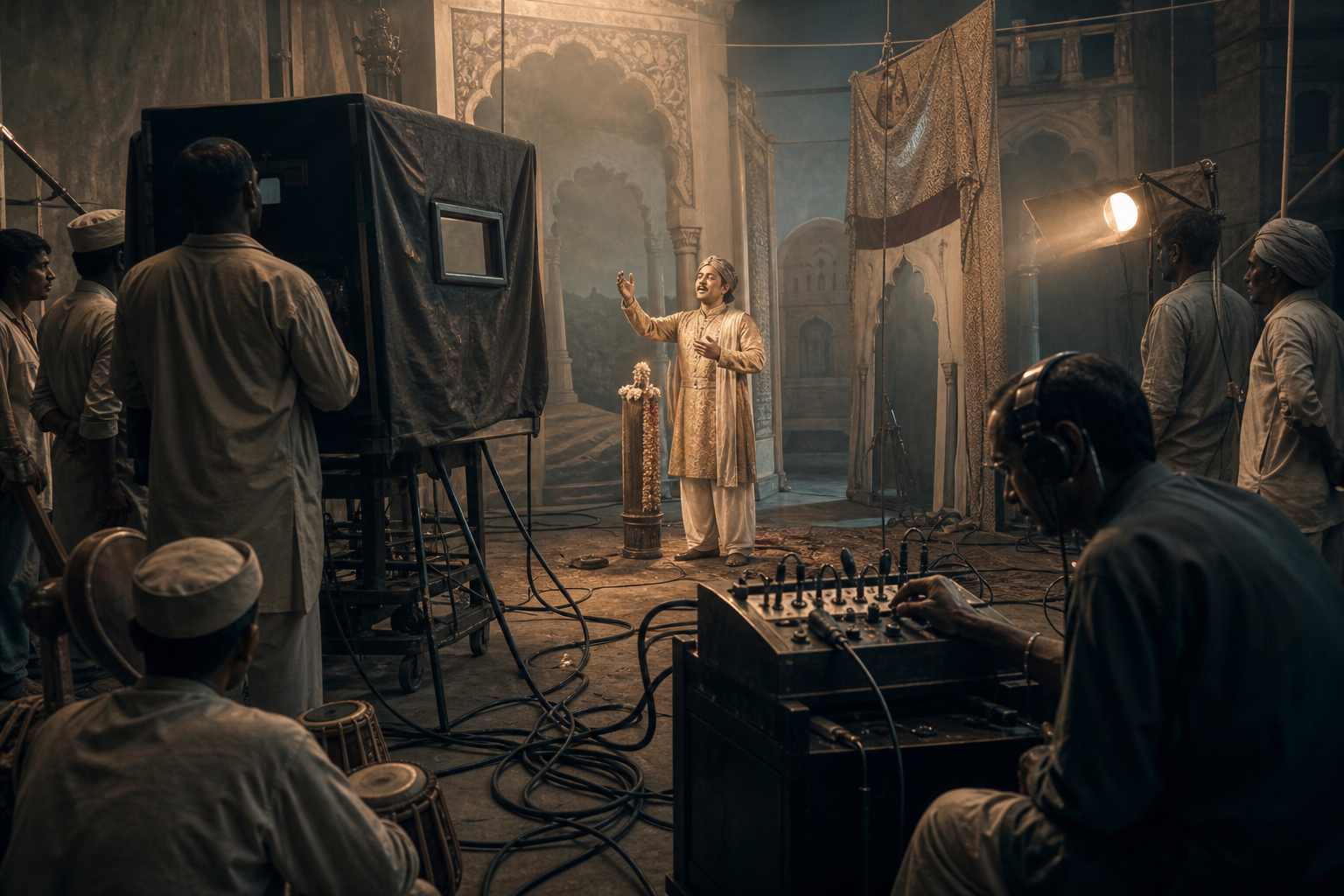 A singer-actor performs on a crowded early talkie set while musicians, a sound technician, and a noise-controlled camera record the scene.