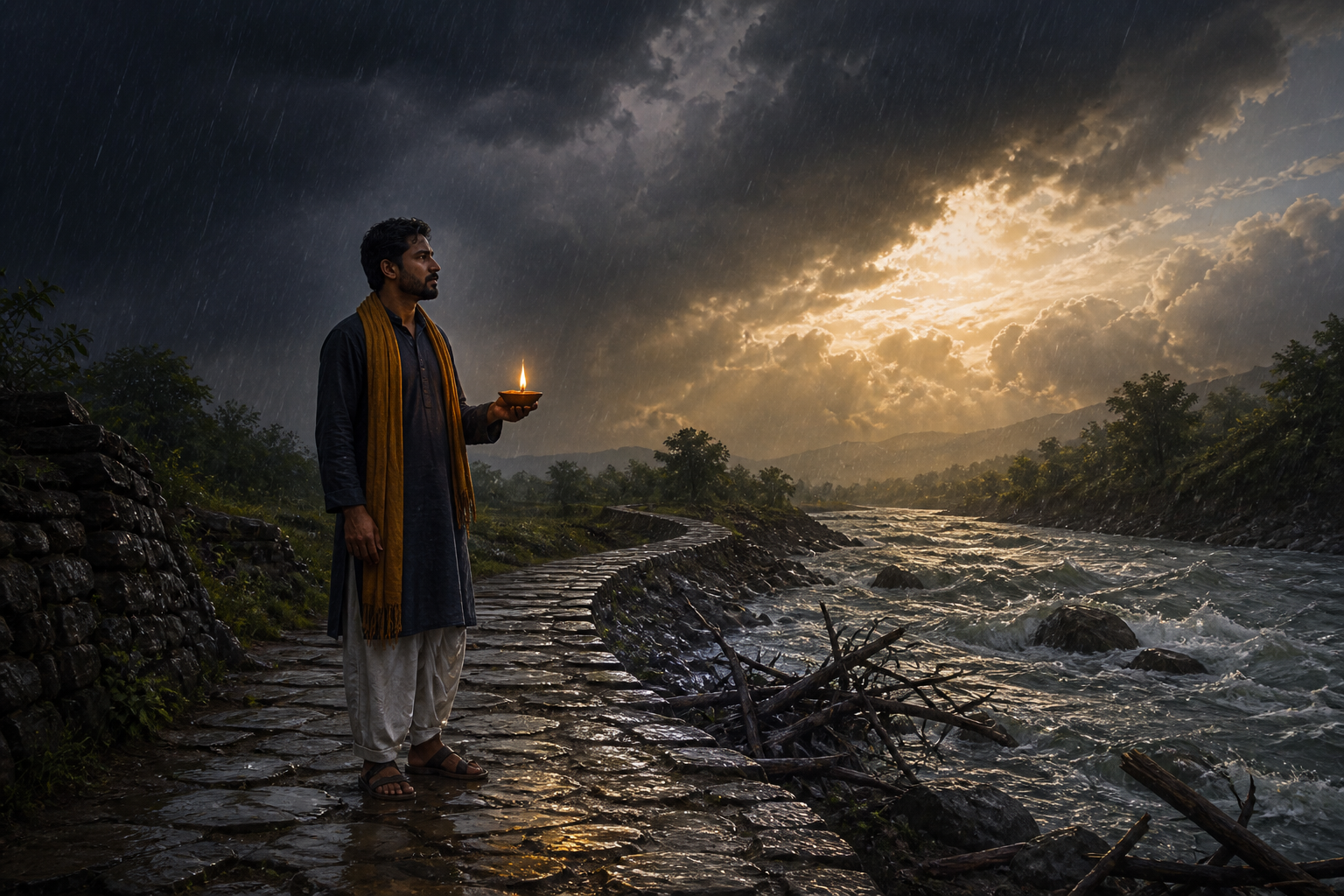 A person shelters a glowing oil lamp beside a turbulent river as monsoon clouds begin to open.