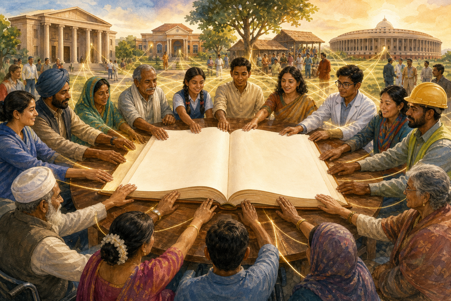 People with varied hands gather around a blank open manuscript, with civic buildings and community spaces visible in the sunlit background.