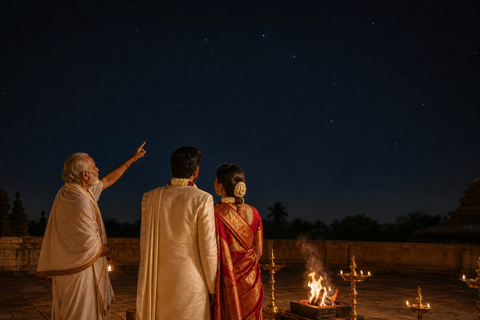 A Hindu priest points out stars to a newly married couple standing together beside the wedding fire at night.
