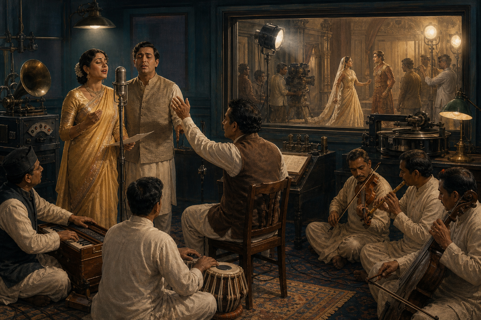 Two vocalists record with an Indian instrumental ensemble while actors perform for a camera crew in a separate studio space behind them.