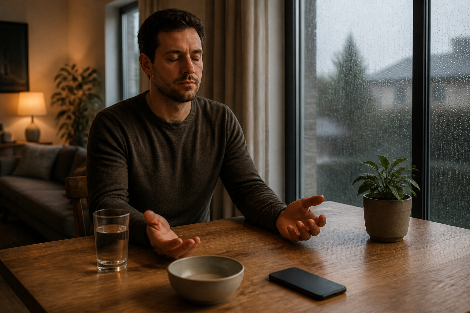 A person pauses with closed eyes at a table beside a face-down phone while rain falls outside.