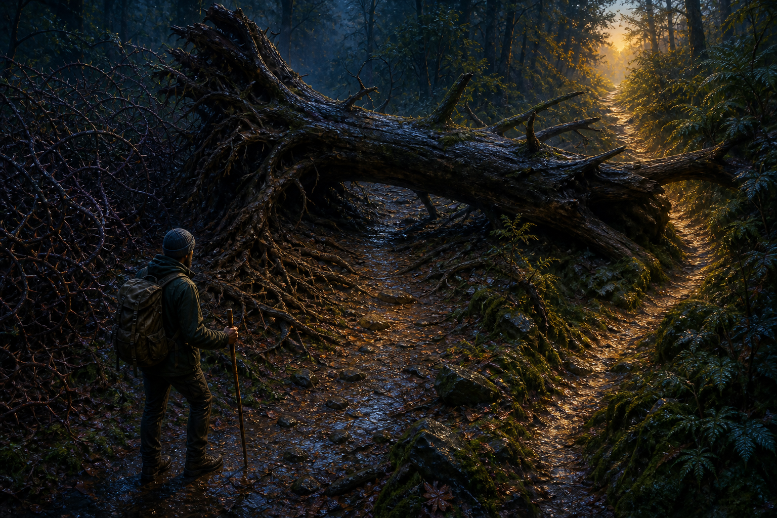 A traveler calmly tests a safe path around a fallen tree in a twilight forest.