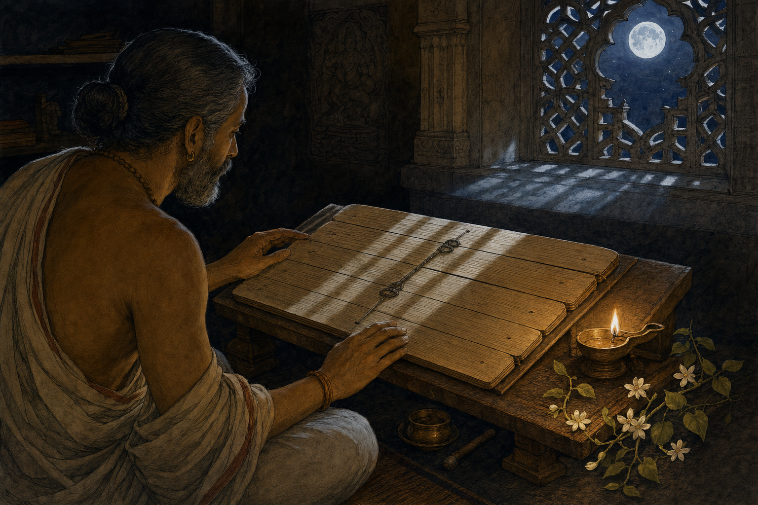 A premodern Indian scholar studies a palm-leaf manuscript at a wooden desk illuminated by moonlight and an oil lamp.